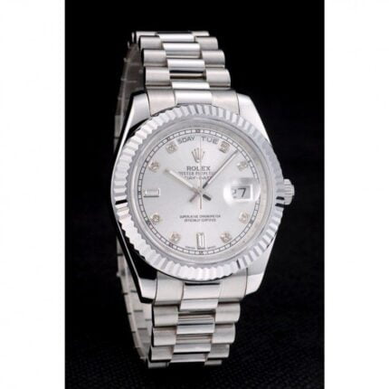 Rolex DayDate Stainless Steel Ribbed Bezel Silver Dial Watch