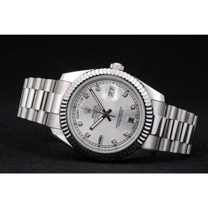 Rolex DayDate Stainless Steel Ribbed Bezel Silver Dial Watch
