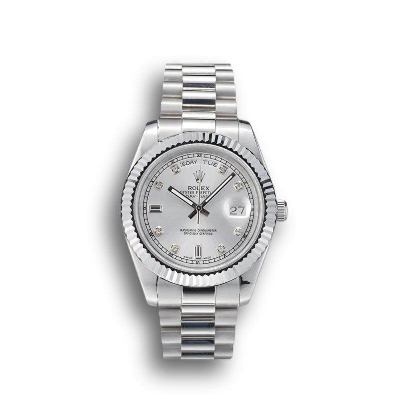 Rolex DayDate Stainless Steel Ribbed Bezel Silver Dial Watch