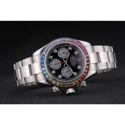 ROLOX Daytona Cosmograph Rainbow Crystals Bezel Stainless Steep Strap Black Dial 80250 watch