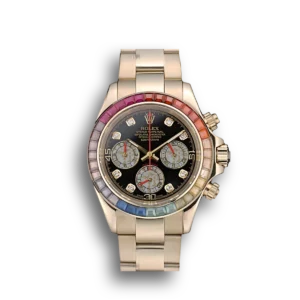Rolex Daytona Cosmograph Rainbow Crystals Bezel Rose Gold Strap Black Dial 80251 watch