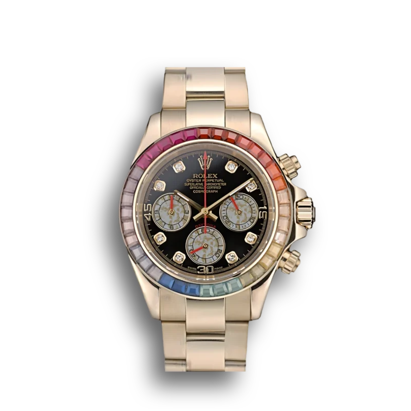 Rolex Daytona Cosmograph Rainbow Crystals Bezel Rose Gold Strap Black Dial 80251 watch