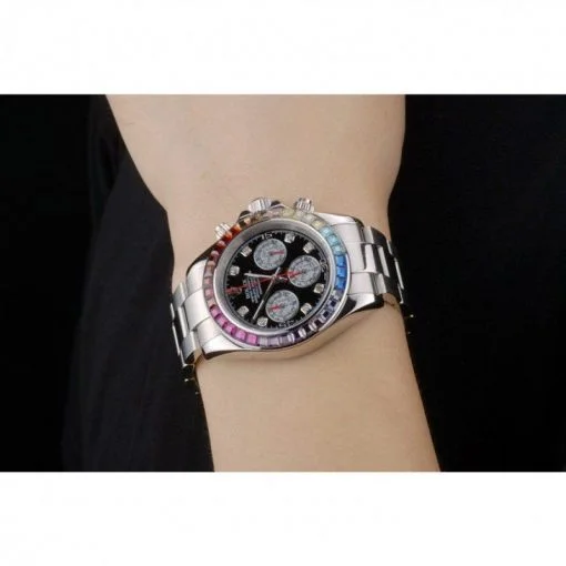 ROLOX Daytona Cosmograph Rainbow Crystals Bezel Stainless Steep Strap Black Dial 80250 watch