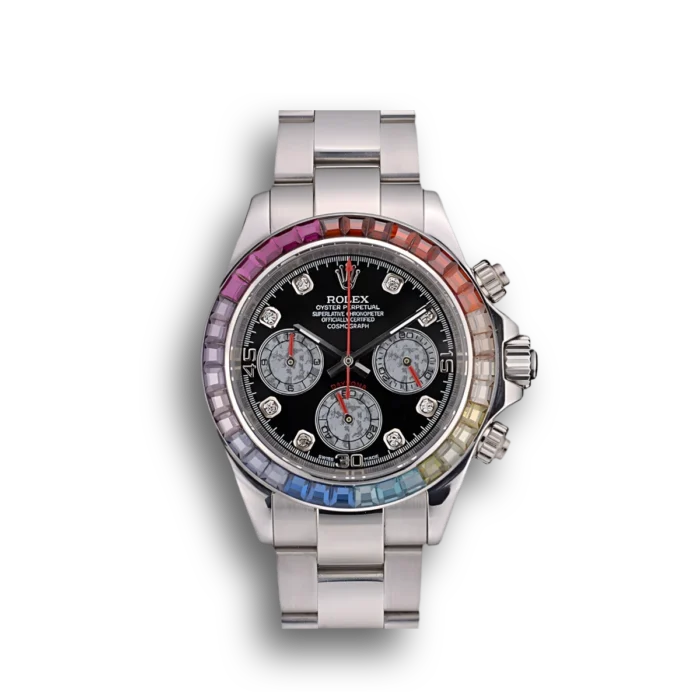 ROLOX Daytona Cosmograph Rainbow Crystals Bezel Stainless Steep Strap Black Dial 80250 watch