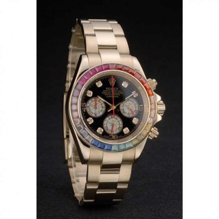 Rolex Daytona Cosmograph Rainbow Crystals Bezel Rose Gold Strap Black Dial 80251 watch
